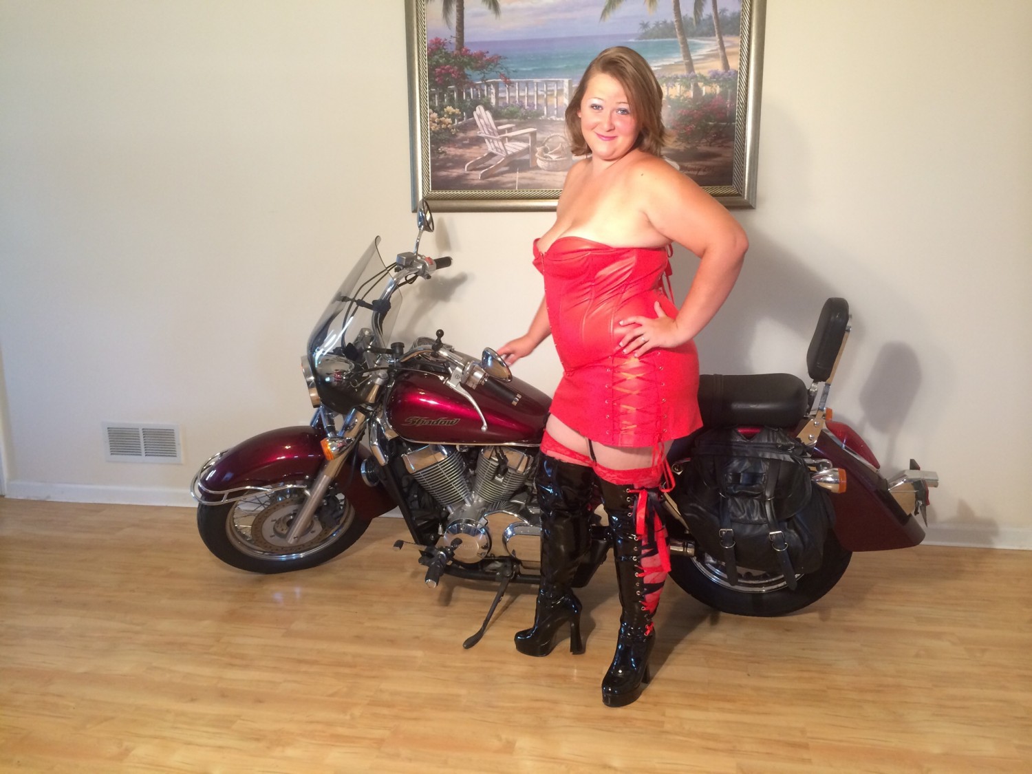 Booboo in Red Mini Skirt with Her Motorcycle #mme64dkI