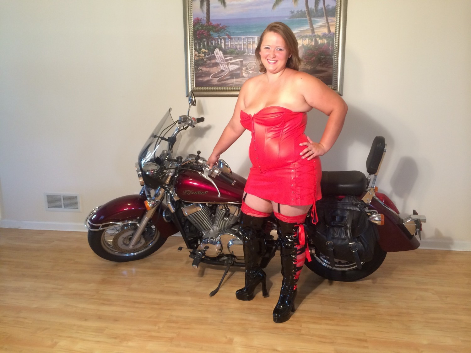 Booboo in Red Mini Skirt with Her Motorcycle #xAmeN2DT